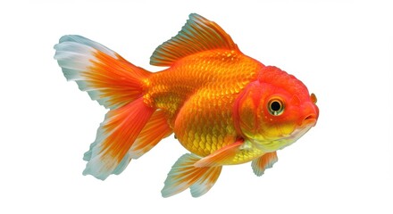 Vibrant orange goldfish, detailed scales, flowing fins, white underbelly, large eyes, underwater photography, high contrast, white background, hyper-realistic, macro
