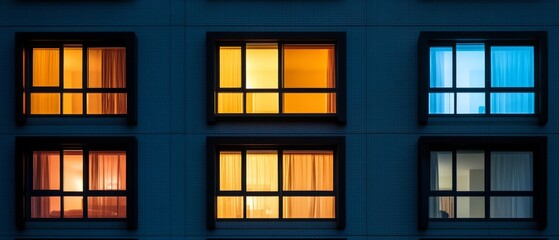 A grid of apartment windows at twilight, emitting warm and cool hues, suggesting diverse lives and stories unfolding behind each glowing frame.