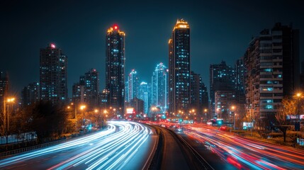 A stunning city skyline illuminated at night, featuring a bustling highway filled with vibrant traffic, showcasing urban life and modern architecture.