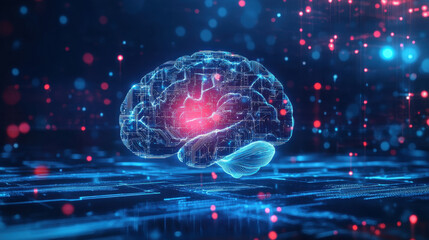 Think Pod, A modern technological illustration of the human brain arranged on a dark blue background. medicine scientific, advertising, commercial and industrial.