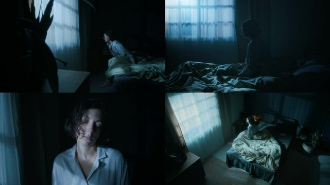 Split screen of young woman waking up at night, standing up from her bed and sleepwalking with her eyes closed in her bedroom