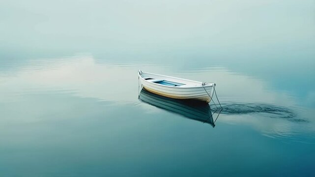 Weathered white dinghy floating peacefully on misty lake, embodying serene morning stillness with soft blue backdrop