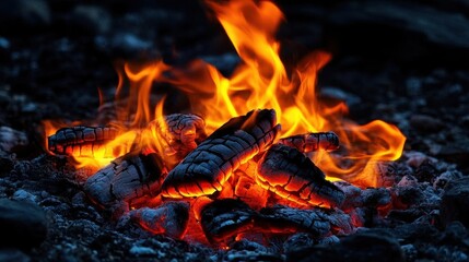 Majestic Bonfire Flames Dancing Against Pure Black Background Perfect for Design Elements and Outdoor Adventure Themes