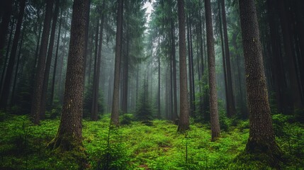 Obraz premium A serene forest scene featuring a winding path that invites exploration through lush greenery and towering trees.