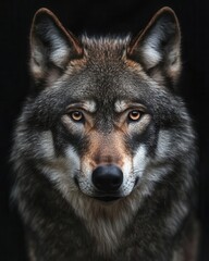 Fototapeta premium Majestic Gray Wolf Portrait in Dramatic Studio Lighting Against Deep Black Background Showing Intense Eyes and Detailed Fur