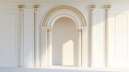 Fototapeta premium Elegant arched doorway, classical columns, sunlit wall, interior design