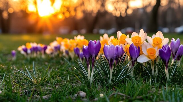 Colorful crocuses and daffodils bloom in a vibrant spring meadow surrounded by trees at sunset, creating a serene and peaceful atmosphere