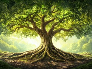 Majestic Tree of Life with Expansive Roots and Vibrant Canopy Symbolizing Growth, Heritage, and the Interconnectedness of Nature
