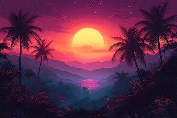 Fototapeta premium Vibrant Sunset Over a Tropical Paradise