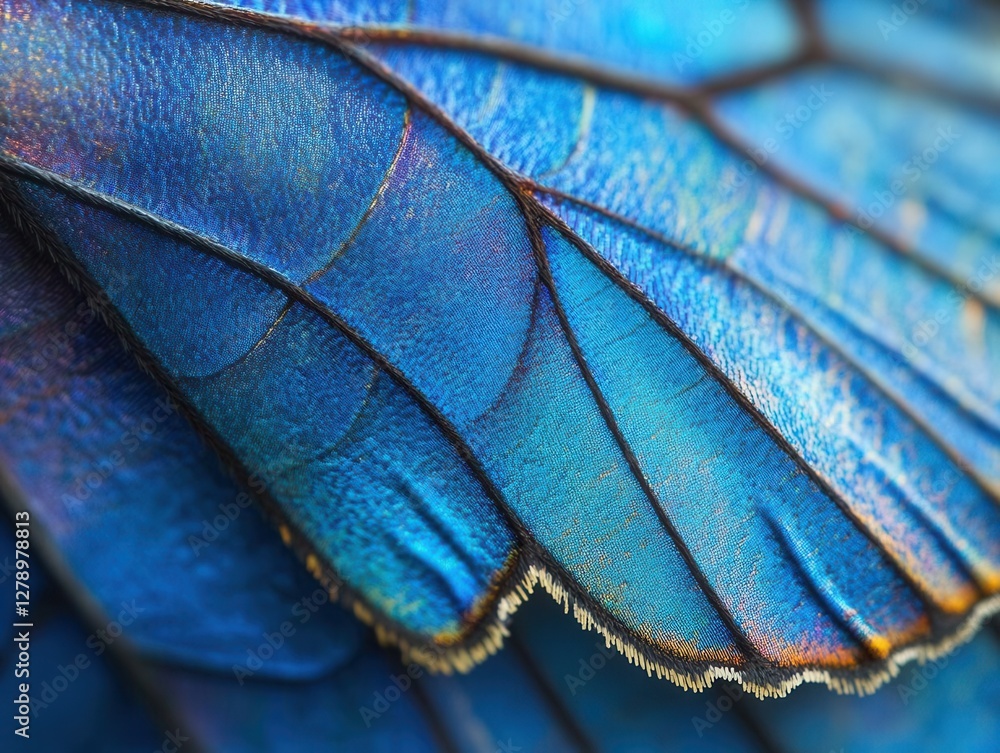 Poster mesmerizing macro photography of azure blue morpho butterfly wings with intricate scale patterns in 