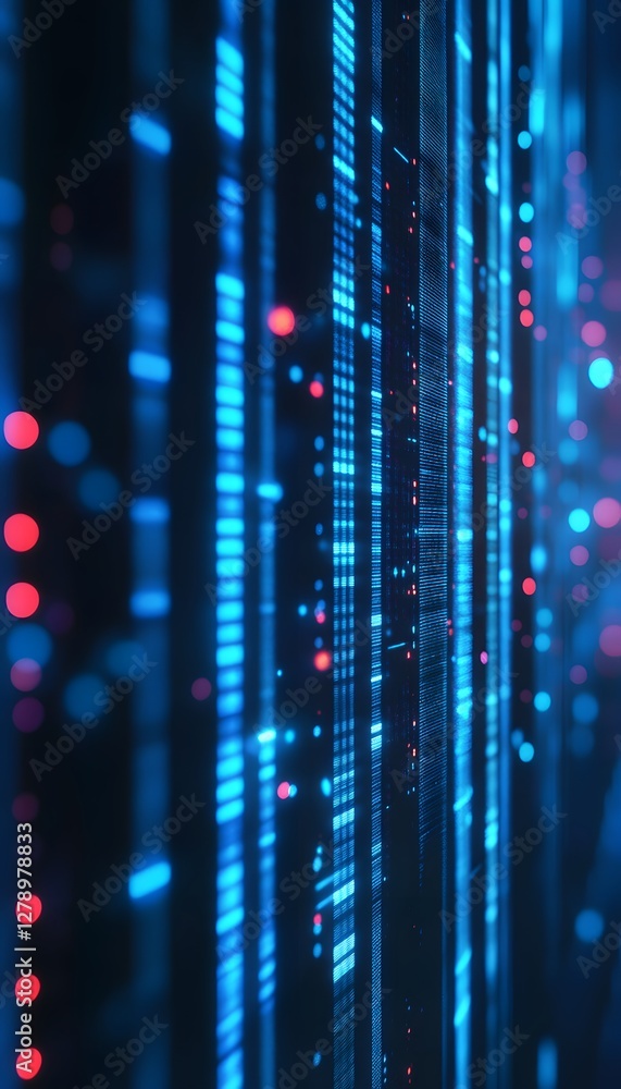 Poster abstract data stream with glowing blue lines and red dots
