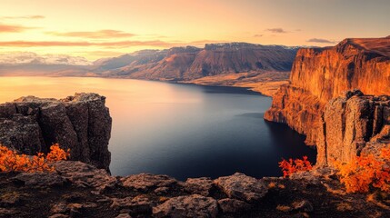 A breathtaking view showcases a serene lake nestled against majestic mountains, observed from a high cliff, highlighting nature's beauty and tranquility.