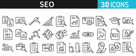 SEO icon set for web. Search Engine Optimization. Graph, traffic, optimization, analysis, target. Search Engine, chart and Marketing icons for web and mobile app.