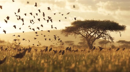Birds Taking Flight at Sunset Over African Savanna