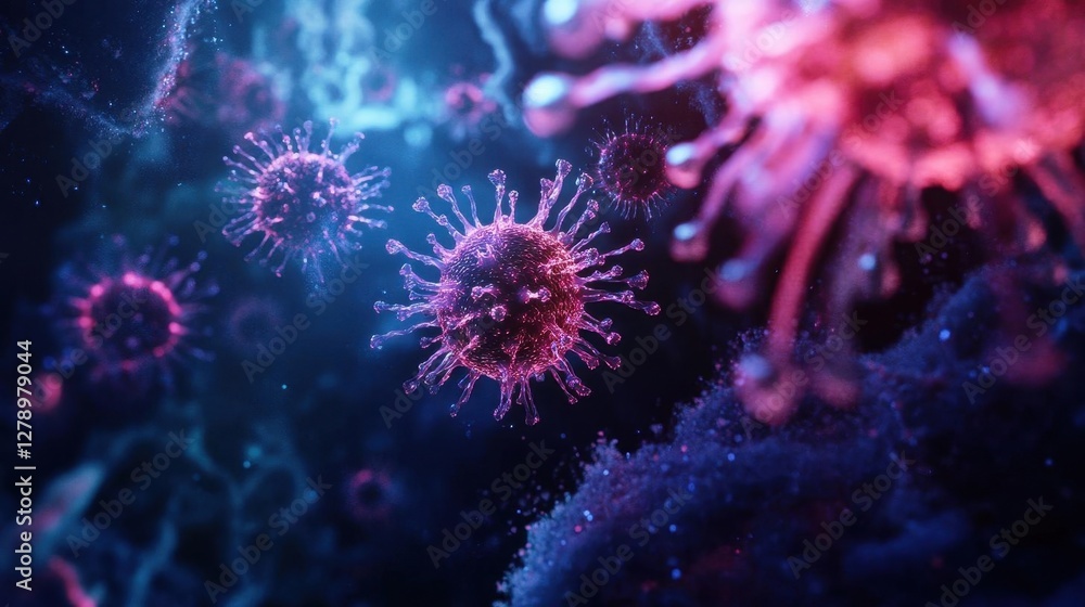 Poster microscopic 3d visualization of colorful virus particles floating in dark space for medical and scie