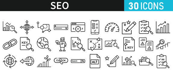 SEO icon set for web. Search Engine Optimization. Graph, traffic, optimization, analysis, target. Search Engine, chart and Marketing icons for web and mobile app.