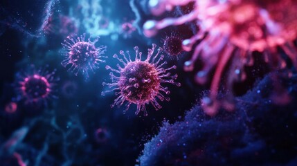 Fototapeta premium Microscopic 3D Visualization of Colorful Virus Particles Floating in Dark Space for Medical and Scientific Research