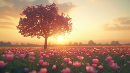 A vast field of vibrant flowers surrounds a majestic tree, illuminated by the warm glow of a stunning sunset in the background.