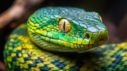 Fototapeta premium Closeup of a Green and Yellow Snake