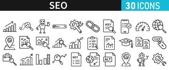 SEO icon set for web. Search Engine Optimization. Graph, traffic, optimization, analysis, target. Search Engine, chart and Marketing icons for web and mobile app.