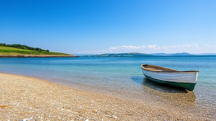 A boat rests on the gravel beach during a sunny summer day. The clear blue sky and distant hills make a beautiful backdrop.