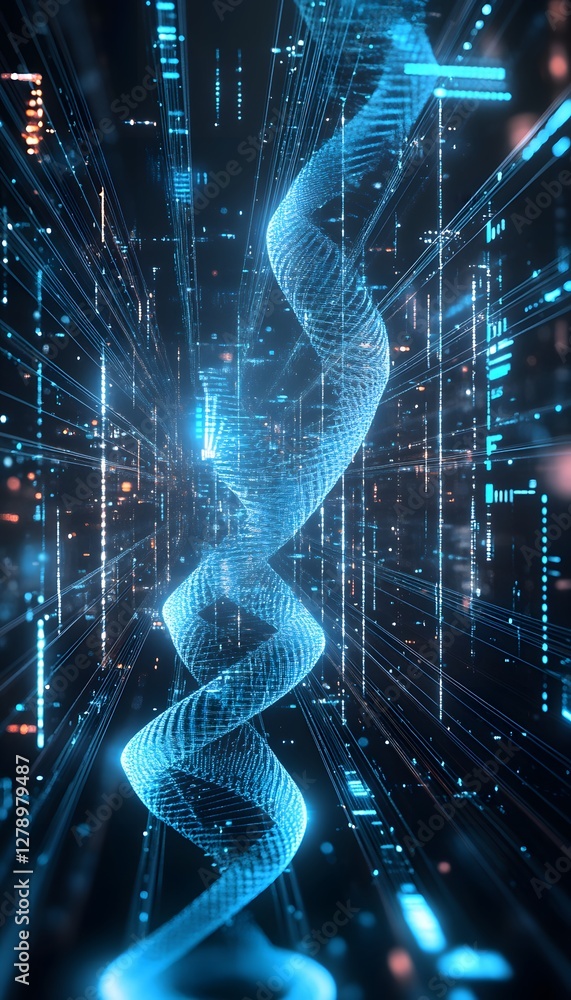 Poster digital dna helix structure rendered against a cybernetic backdrop