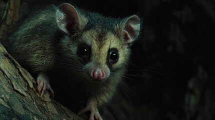 Closeup Portrait of a Small Gray Opossum at Night in the Forest
