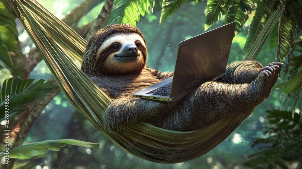 Poster a sloth lounging in a hammock with a laptop, symbolizing relaxed remote work in a tropical setting