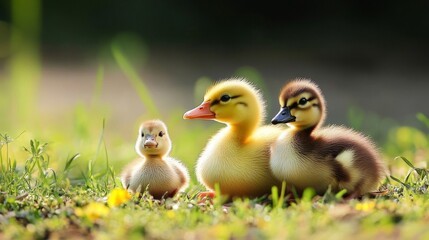 Obraz premium Three Adorable Yellow and Brown Ducklings in Green Grass