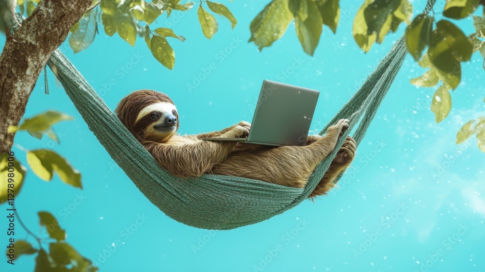 Poster a sloth typing on a laptop in a hammock under a tree, symbolizing the balance between productivity a