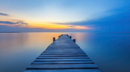 Obraz premium A peaceful wooden pier at dawn, leading toward a calm sea with soft light reflecting off the water.