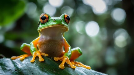 Vibrant Green And Orange Frog On Lush Green Leaf