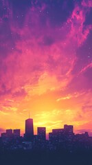 Fototapeta premium Cityscape silhouette against a vivid sunset sky with stellar accents