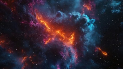 Mysterious Cosmic Scene with Glowing Meteorites and Celestial Bodies Floating in Deep Space with Stunning Nebula Background
