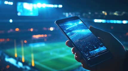 A smartphone in hand at a stadium during a night game, glowing with betting statistics and vibrant crowd lights.
