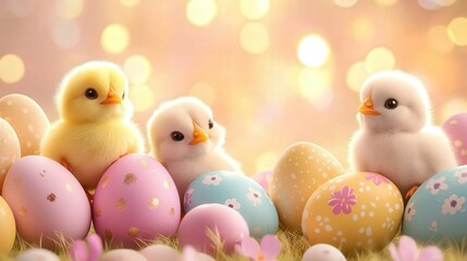 Adorable Easter chicks with pastel eggs