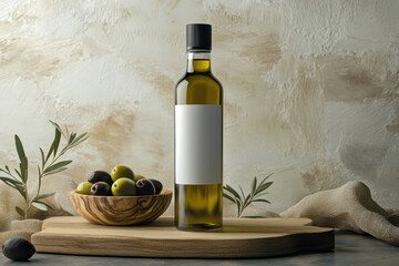 Olive oil bottle with a blank label on a wooden board. A bowl of green and black olives, olive branches, and a textured natural-toned background complete the rustic composition