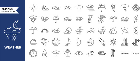 Weather forecast icon set in line style. Weather, clouds, sunny day, moon, snowflakes, wind, sun and more. Vector illustration