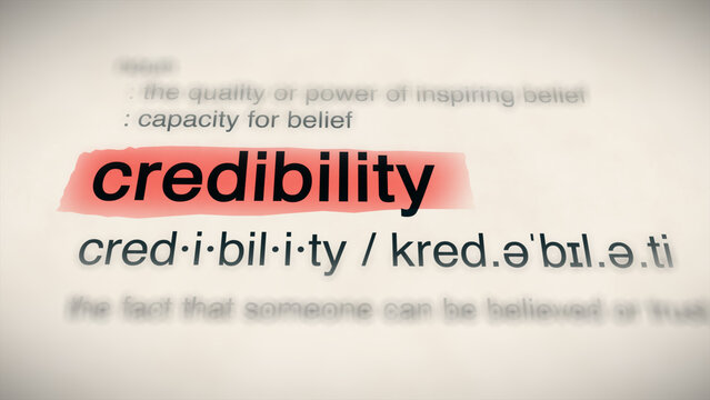 The word "credibility" in a dictionary, showing its definition and meaning
