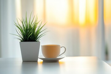 Fototapeta premium Sunrise tea, plant, table, calm morning, home office
