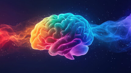 Fototapeta premium Symbol of cognitive overload and creative inspiration: Rainbow human brain explosion, World Mental Health Day concept, psychology and. Banner, Copy space