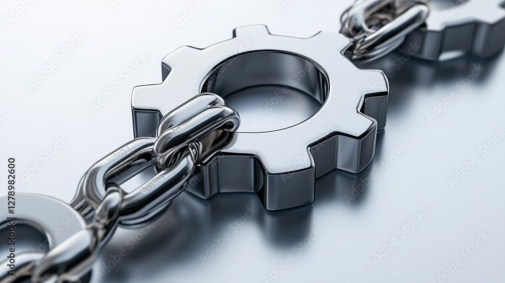 Poster close-up of interconnected metallic gears and chains reflecting light on a smooth surface