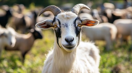Obraz premium Portrait of a Curious White and Black Goat in a Pastoral Setting