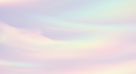 Naklejka premium Pastel rainbow gradient, soft ethereal sky, dreamy atmosphere, iridescent hues, holographic texture, delicate color transitions, wispy clouds, celestial