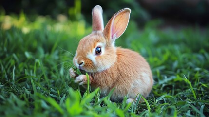 Fototapeta premium Adorable Brown Rabbit Eating Grass in Lush Green Field