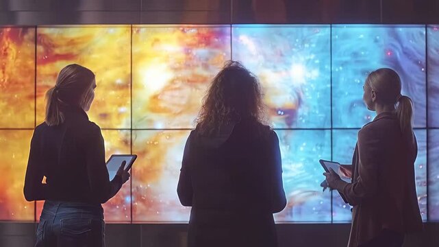 Scientists using tablets and observing a nebula changing colors on a large screen in a sequence of different moments