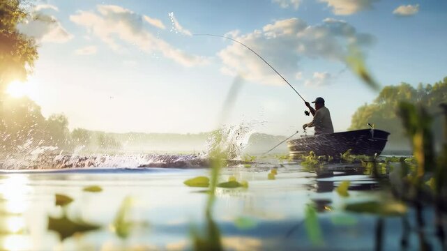 Experienced fisherman catching largemouth bass from boat during golden sunrise, reflecting calm lake waters with scenic landscape backdrop
