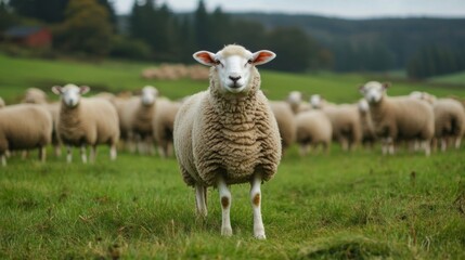 Fototapeta premium A Single Sheep Stands in Front of its Flock in a Lush Green Field