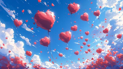 Heart Balloons Floating in a Blue Sky