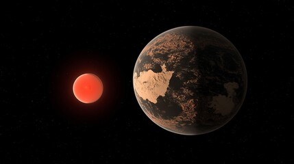 Obraz premium A planet similar to Earth has been found in space. It has a lot of land and two moons. This planet orbits a red dwarf star.